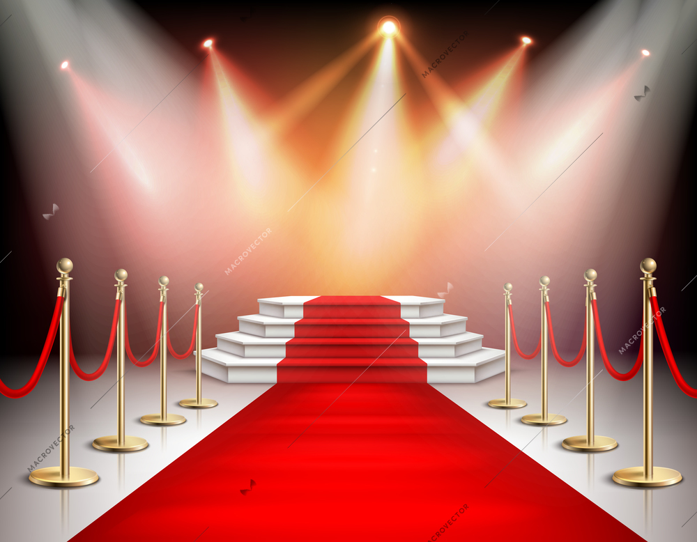 Realistic red carpet and pedestal with illumination and barrier fences with velvet rope vector illustration