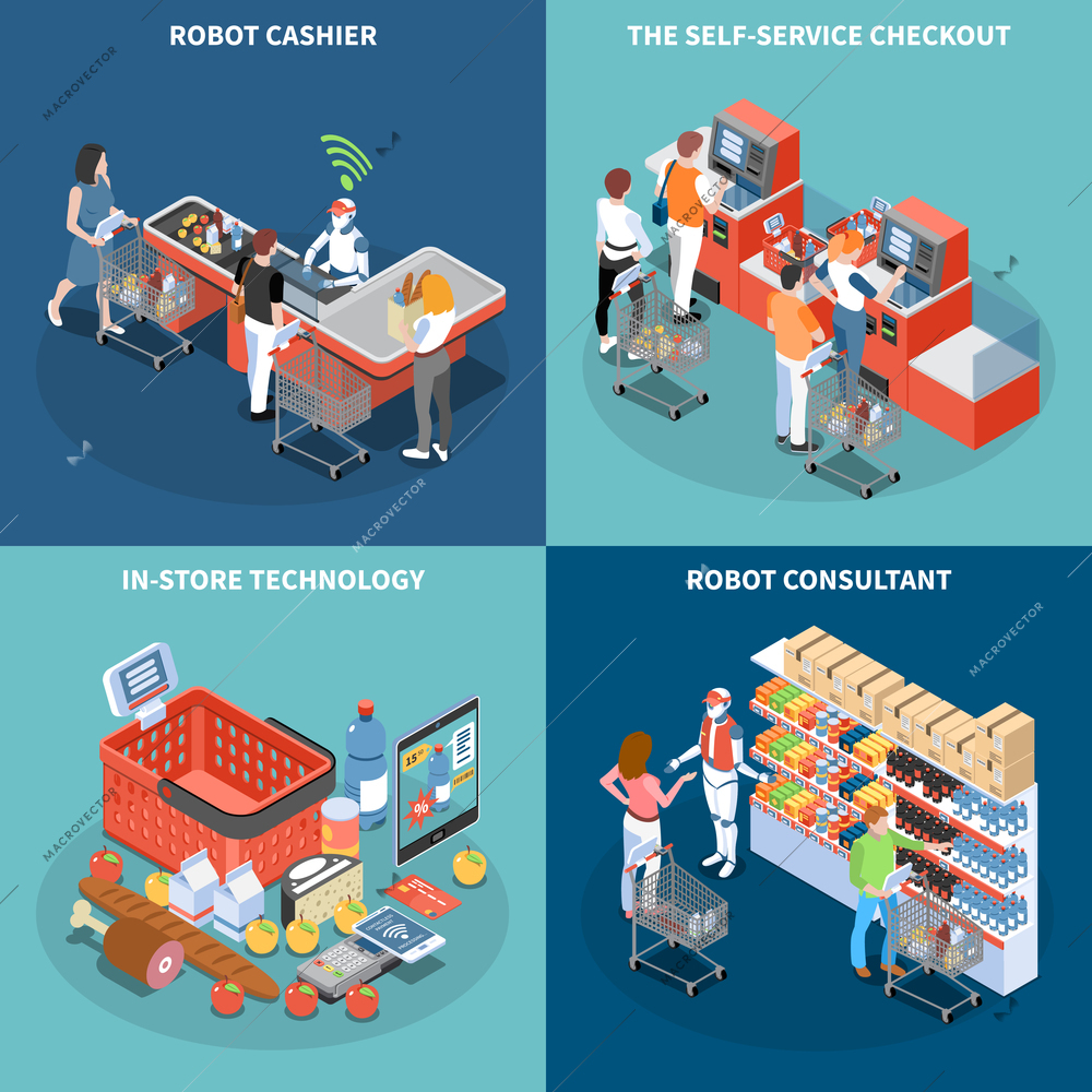 Shop technology 2x2 design concept with robot consultant robot cashier self service checkout square icons isometric vector illustration