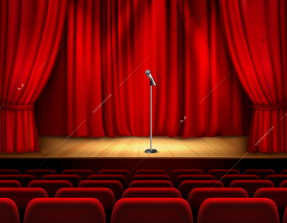 Realistic theater stage with wooden flooring and red curtain microphone and seats for spectators vector illustration