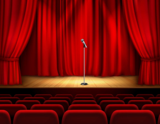 Realistic theater stage with wooden flooring and red curtain microphone and seats for spectators vector illustration