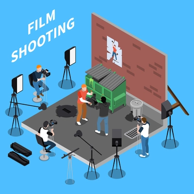 Film shooting isometric background with operators and actors engaged in street scene vector illustration