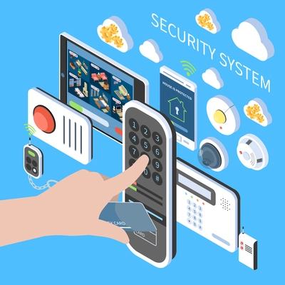 Security system composition with remote fire alarm video intercom home surveillance system isometric icons vector illustration