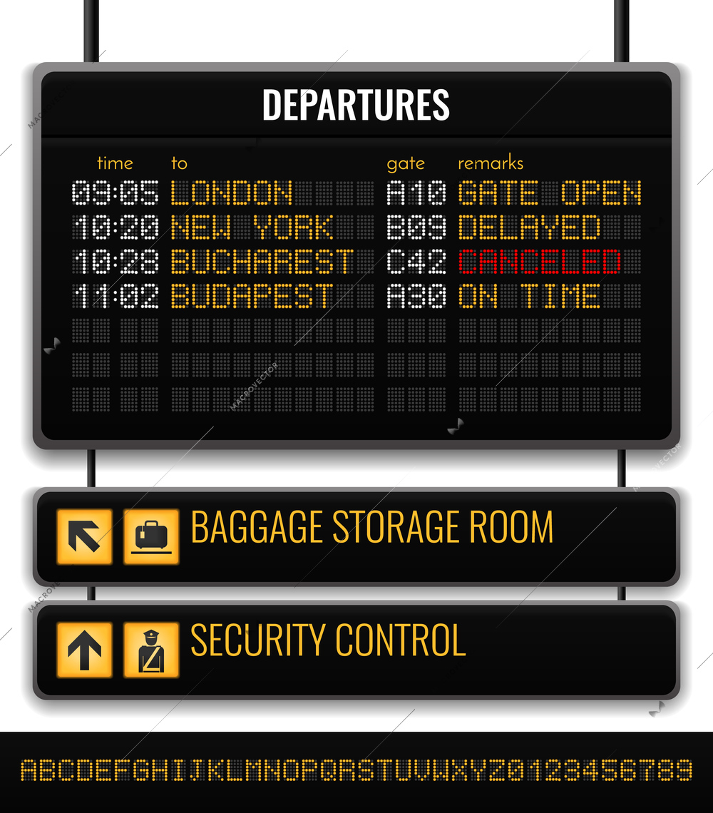 Black airport board realistic composition with baggage storage room and security control pointers vector illustration