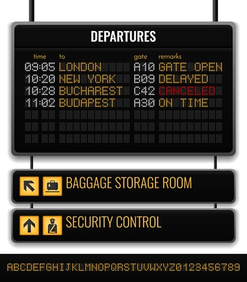 Black airport board realistic composition with baggage storage room and security control pointers vector illustration