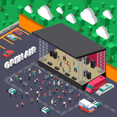 Open air music concert isometric vector illustration with rock band on stage and dancing youth in viewers zone