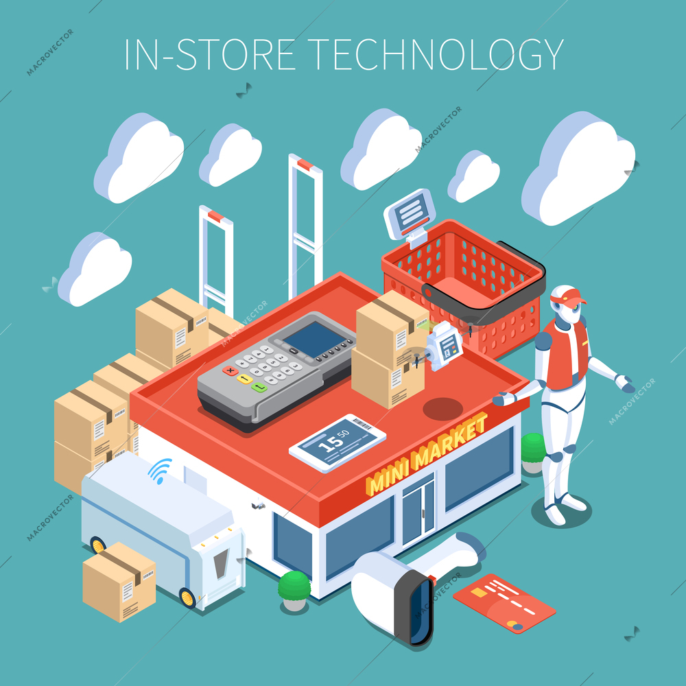 Shop technology supermarket of future colored composition with  surveillance system flying inventory scanner robot consultant isometric icons vector illustration