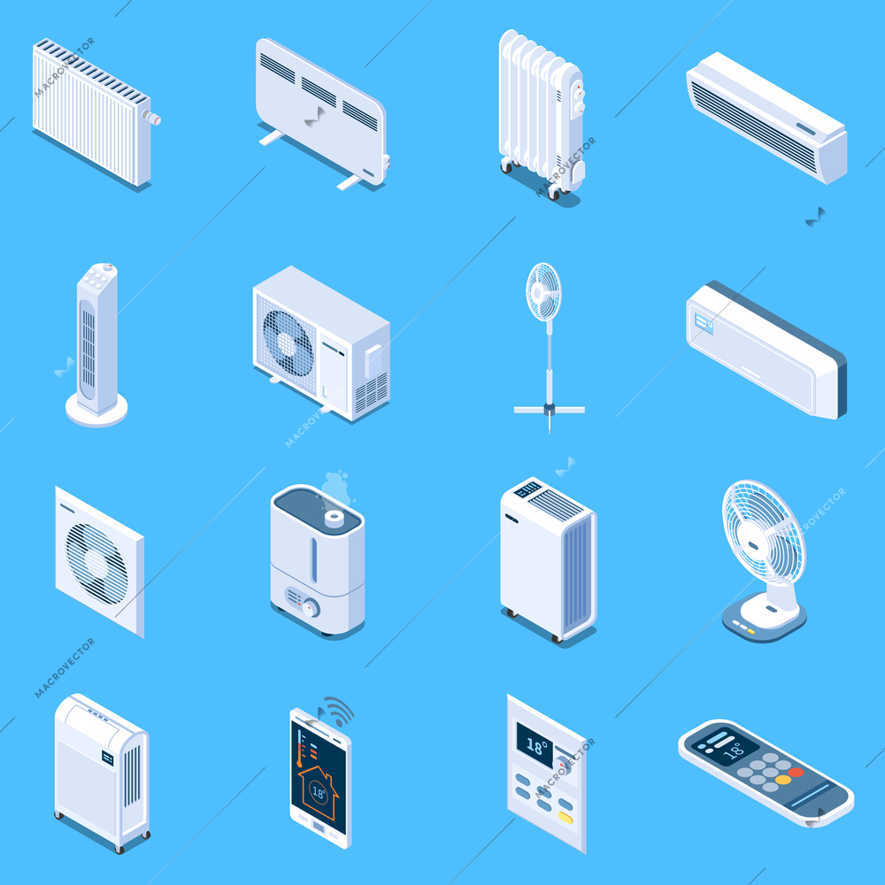 Home climate control isometric icons with floor table and tower fans air conditioner heat curtain electric and oil heaters isolated vector illustration