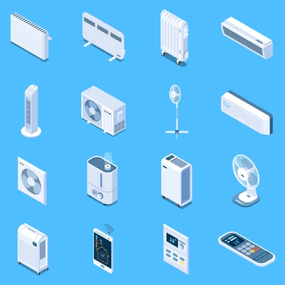 Home climate control isometric icons with floor table and tower fans air conditioner heat curtain electric and oil heaters isolated vector illustration