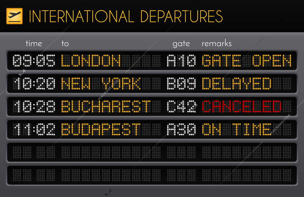 Electronic airport board realistic composition with international departures times gates and remarks descriptions vector illustration