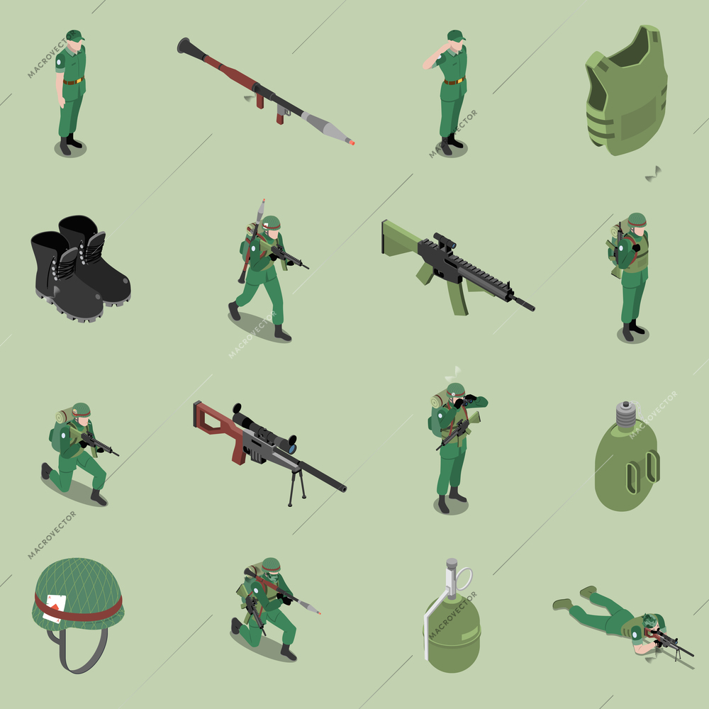 Soldier equipment isometric set of helmet body armor rifles ankle boots soldier jar isolated icons vector illustration