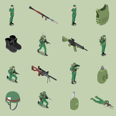 Soldier equipment isometric set of helmet body armor rifles ankle boots soldier jar isolated icons vector illustration