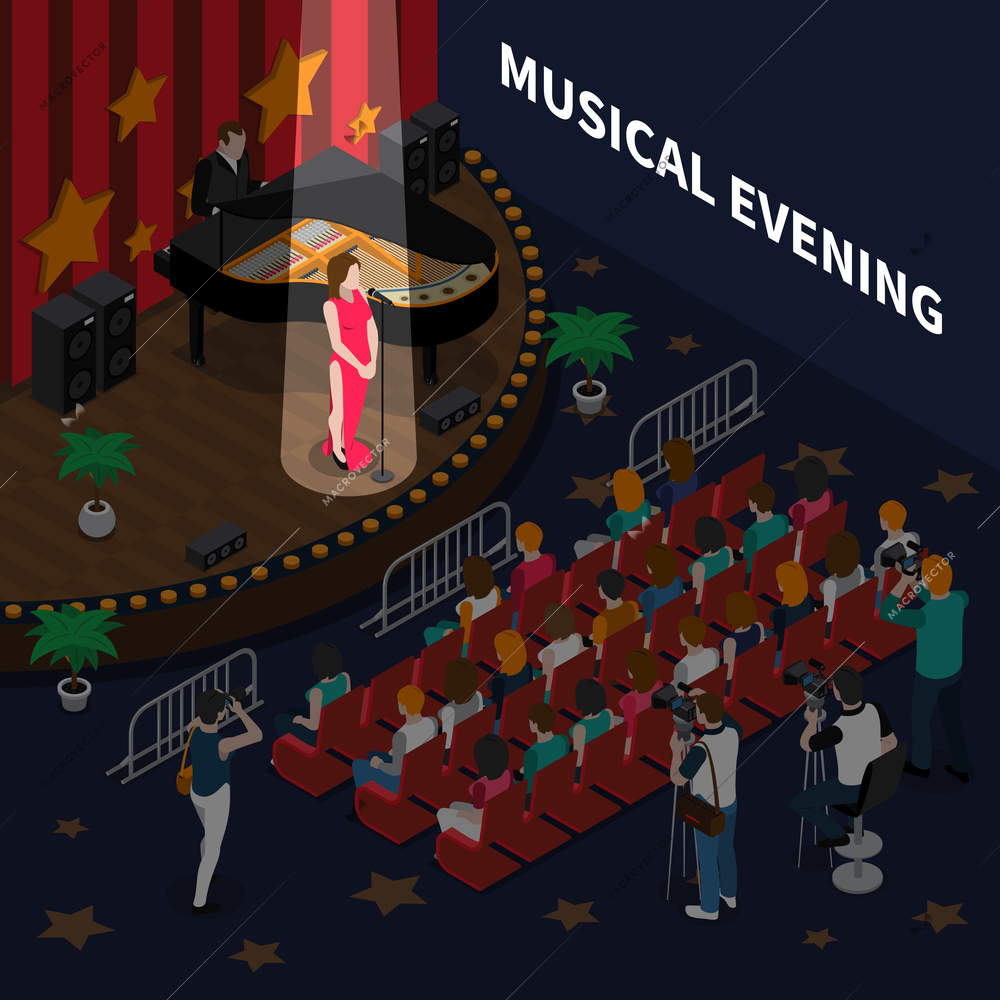 Musical evening isometric composition with female singer on scene performing romance song to accompaniment of piano vector illustration