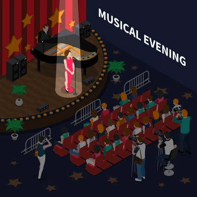 Musical evening isometric composition with female singer on scene performing romance song to accompaniment of piano vector illustration