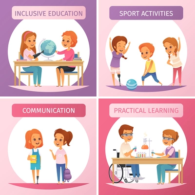 Four squares inclusion inclusive education icon set with inclusive education communication sport activities and practical learning descriptions vector illustration