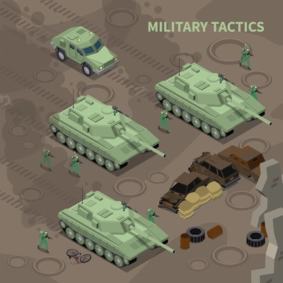 Military tactics isometric background illustrated soldiers with rifles advancing under cover of heavy military vehicles vector illustration
