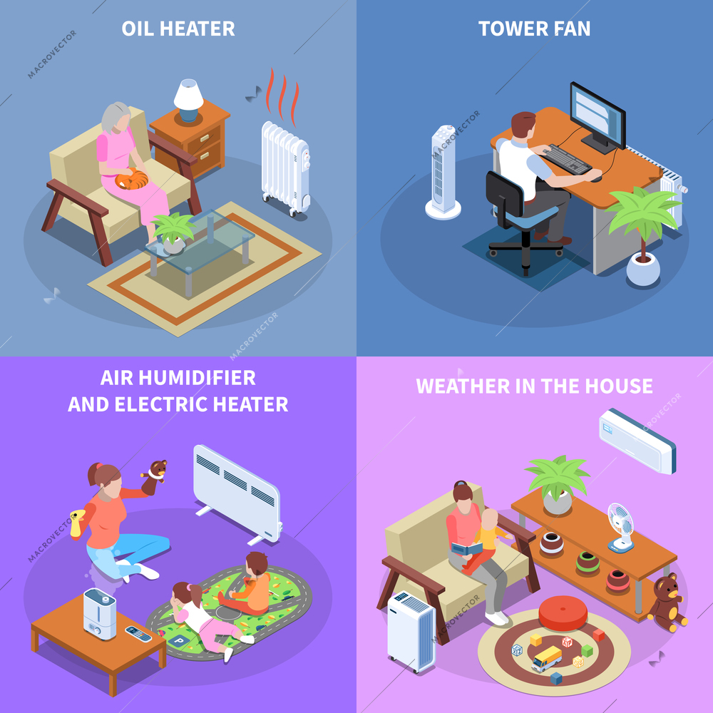 Climate control 2x2 design concept with home equipment used for establishing comfortable weather in house isometric vector illustration