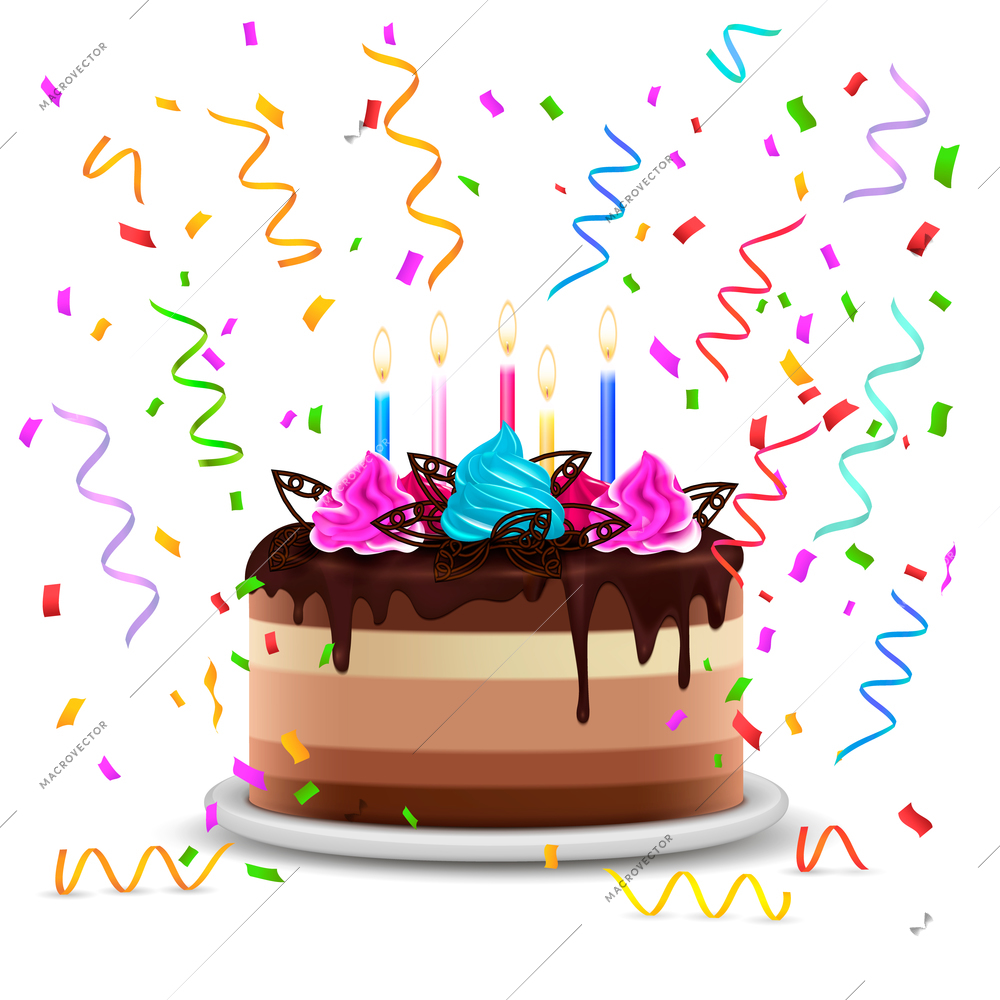 Realistic vector illustration with festive birthday cake strewn with serpentine and decorated by cream flowers and lighted candles