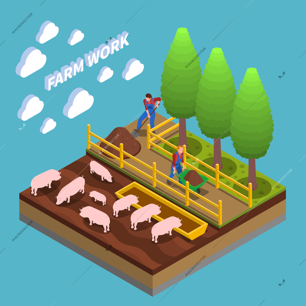 Agricultural isometric composition with farmers engaged in swine breeding and gardening vector illustration