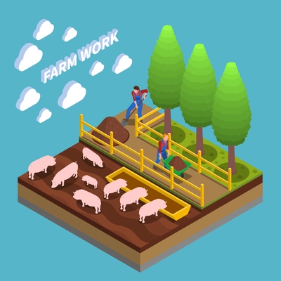 Agricultural isometric composition with farmers engaged in swine breeding and gardening vector illustration