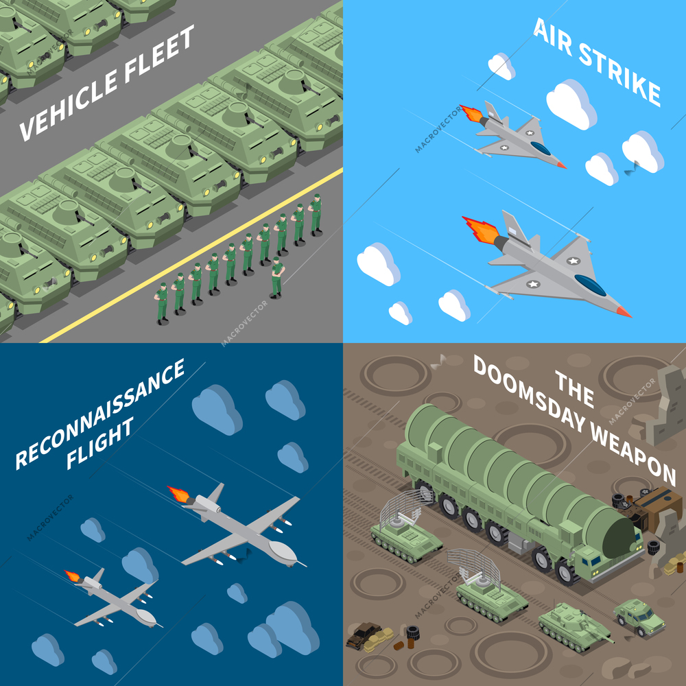 Military vehicles 2x2 design concept set of  vehicle fleet reconnaissance flight air strike doomsday weapon square icons isometric vector illustration