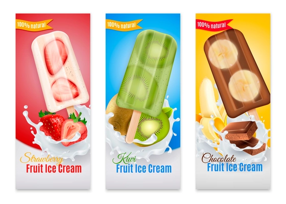 Popsicles realistic banners with advertising of strawberry kiwi and chocolate fruit ice cream isolated vector illustration