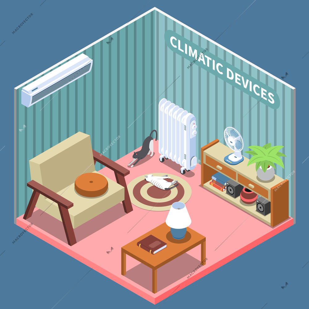 Home climate control isometric composition illustrated living room with furniture and climatic devices vector illustration