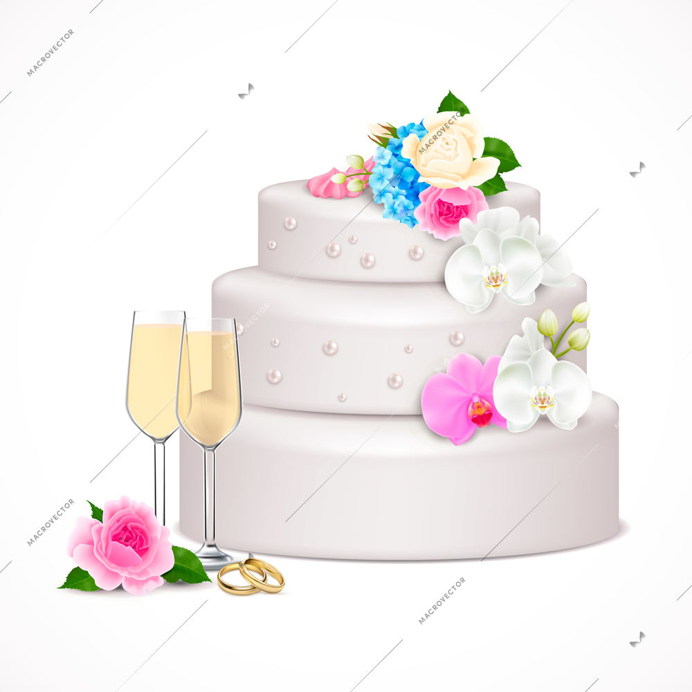 Stylish festive wedding cake decorated with flowers and pair glasses of champagne realistic composition vector illustration