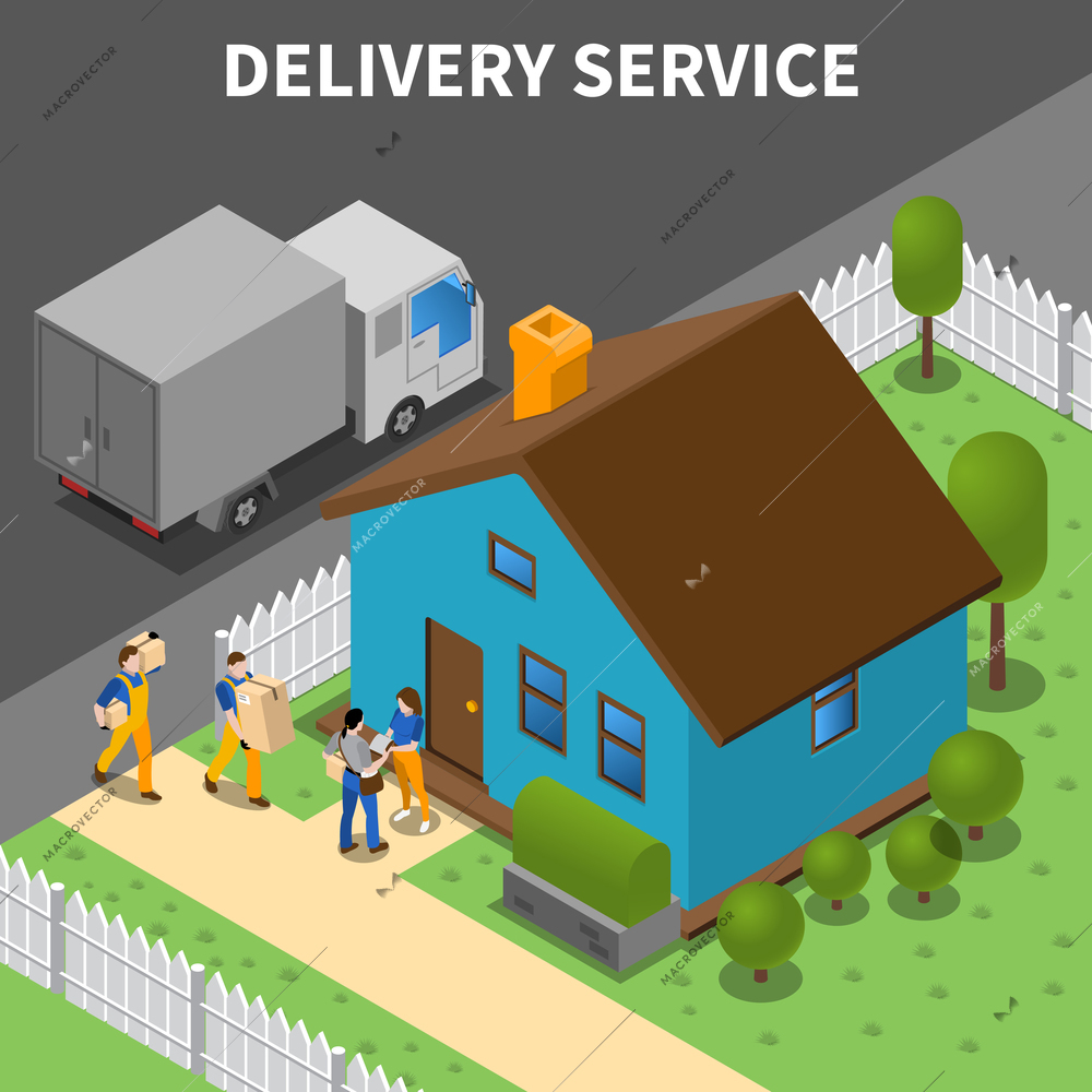 Delivery service isometric background with group of couriers unloading purchases to customers home vector illustration