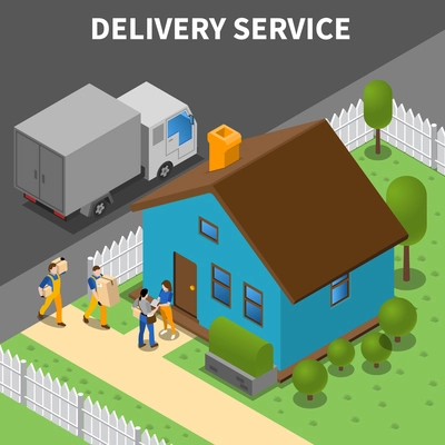 Delivery service isometric background with group of couriers unloading purchases to customers home vector illustration