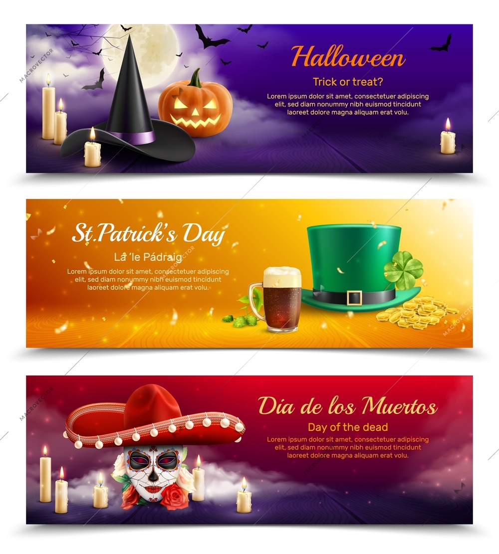 Three colorful horizontal banners demonstrated traditional masquerade hats for national holidays of different countries realistic vector illustration