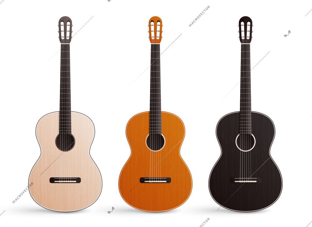 Realistic set of three classic wooden acoustic guitars with nylon strings isolated on white background vector illustration