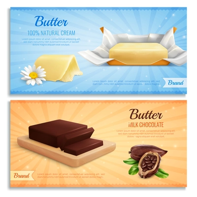 Butter realistic banners as mockup for advertising brand produce milk chocolate and natural cream butter vector illustration