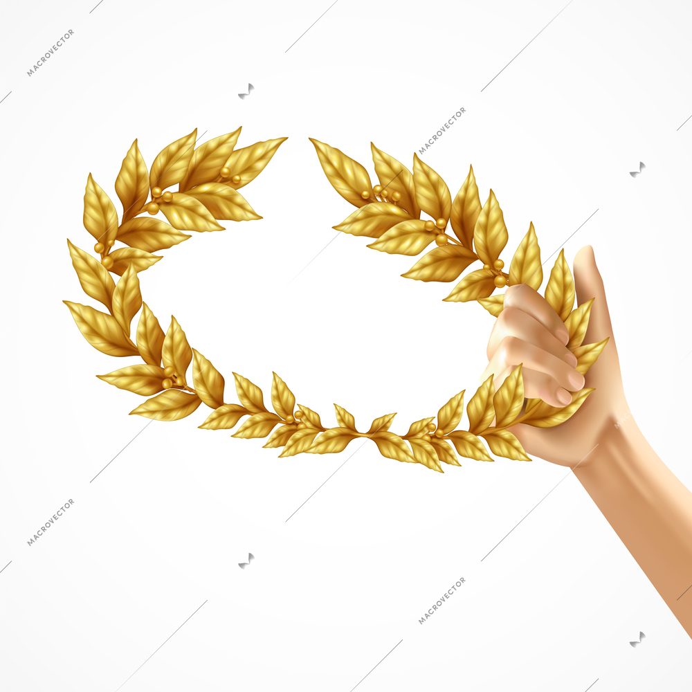 Golden laurel wreath in human hand realistic design concept isolated on white background vector Illustration