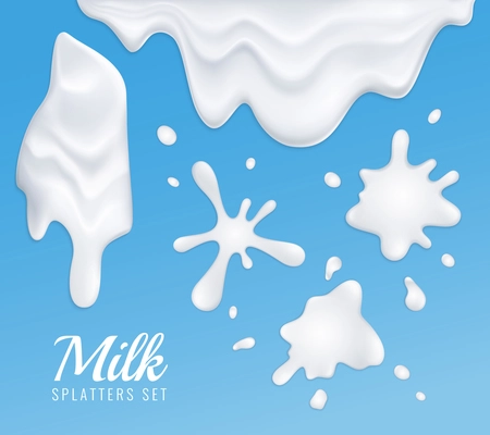 Abstract  blue background with different shapes of white milk splatters realistic vector illustration