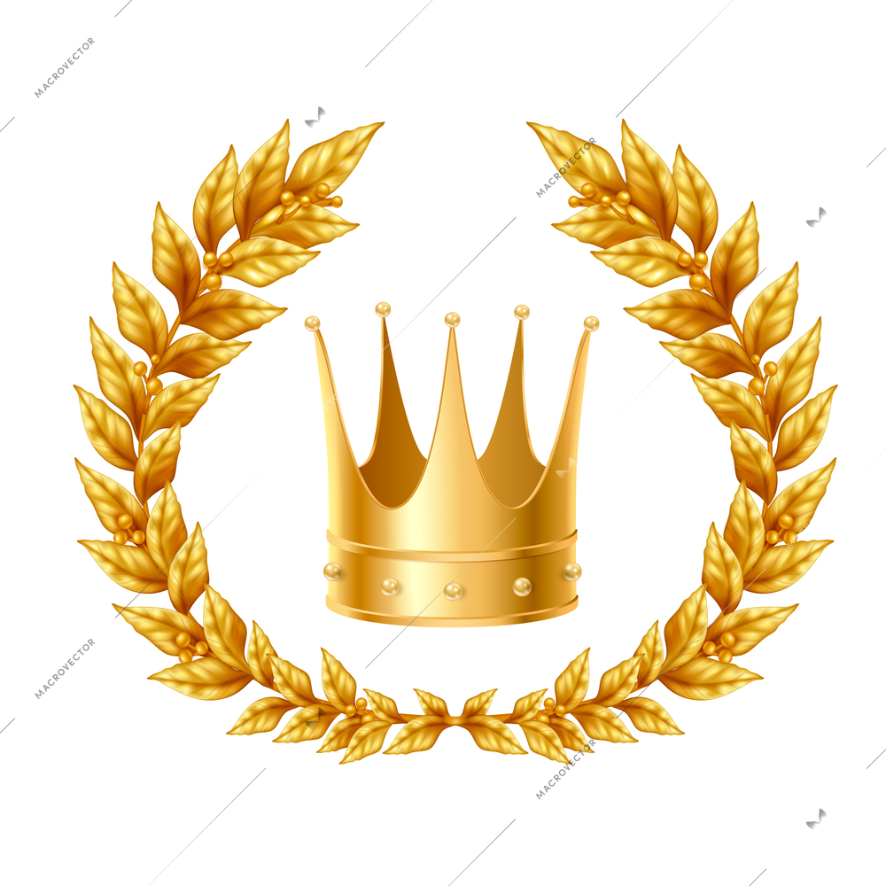 Realistic design concept with golden laurel wreath and crown on white background  isolated vector Illustration