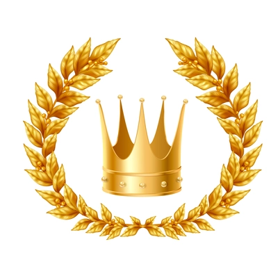 Realistic design concept with golden laurel wreath and crown on white background  isolated vector Illustration