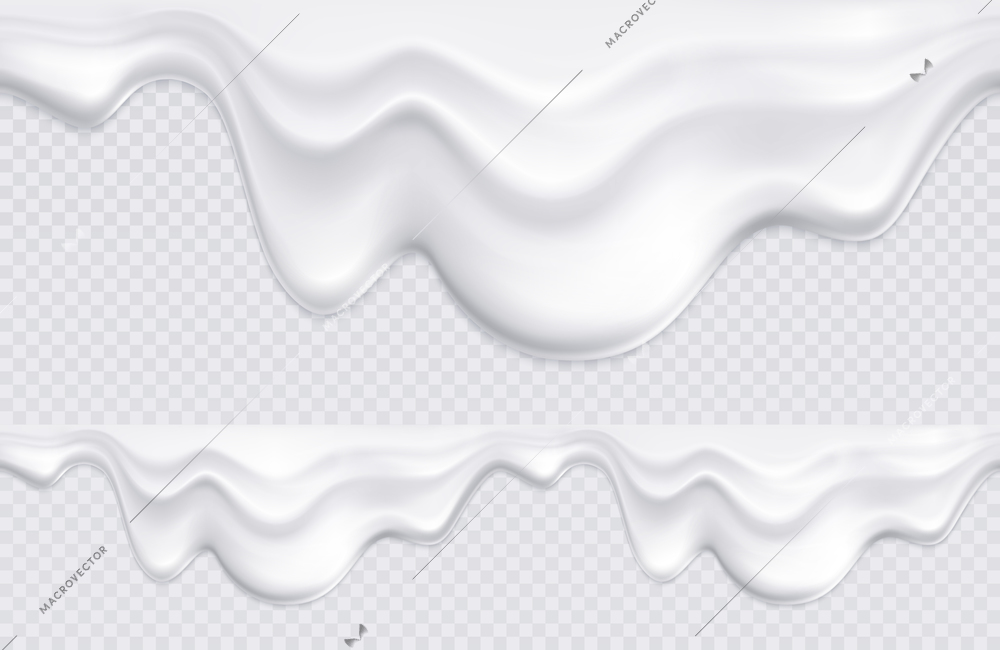 Two borders with pattern composed of white yogurt or ice cream drips on transparent background seamless vector illustration