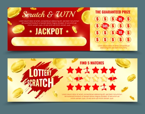 Two different design versions of scratch lottery card mockup with win jackpot and guaranteed prize promotion isolated vector illustration