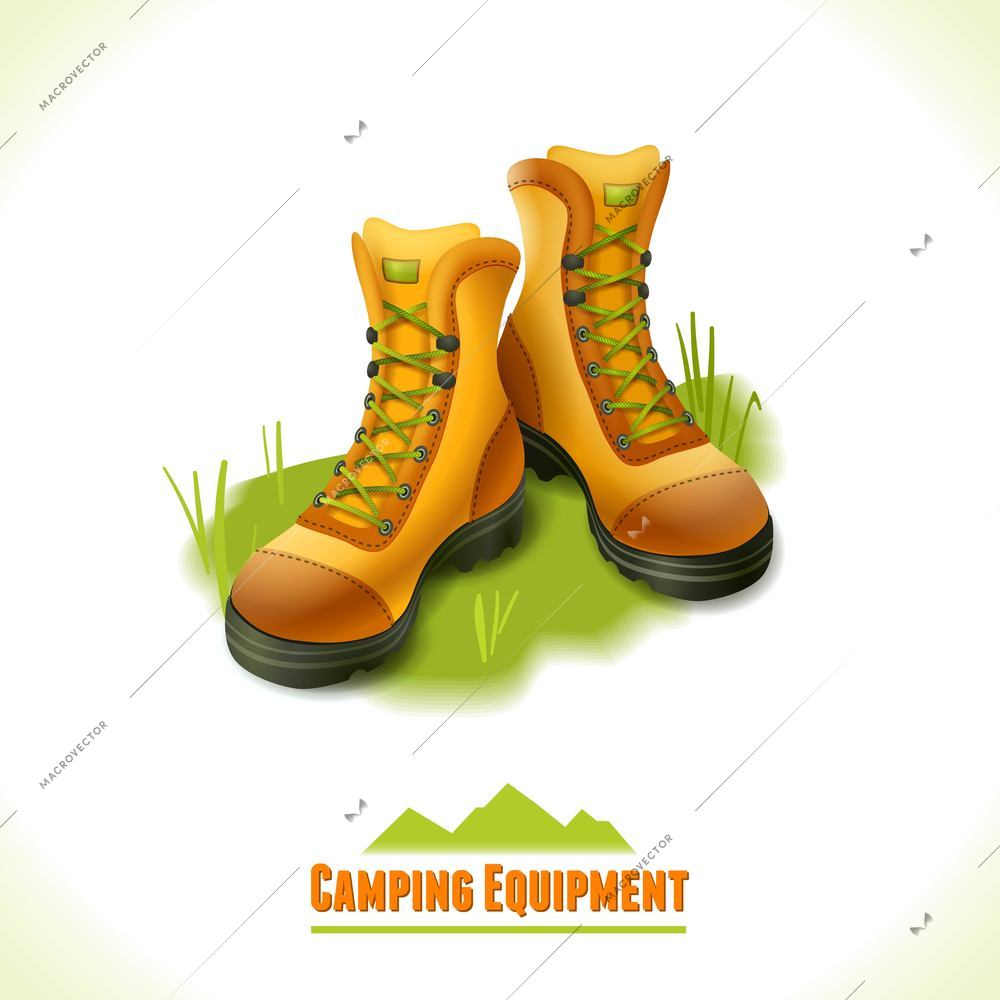 Camping summer outdoor activity concept equipment hiking boots symbol vector illustration.