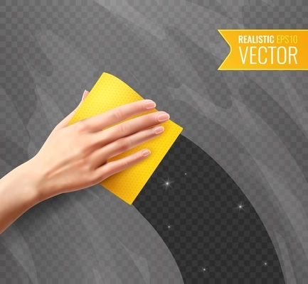Woman hand wiping dirty glass with yellow napkin transparent background in realistic style vector illustration