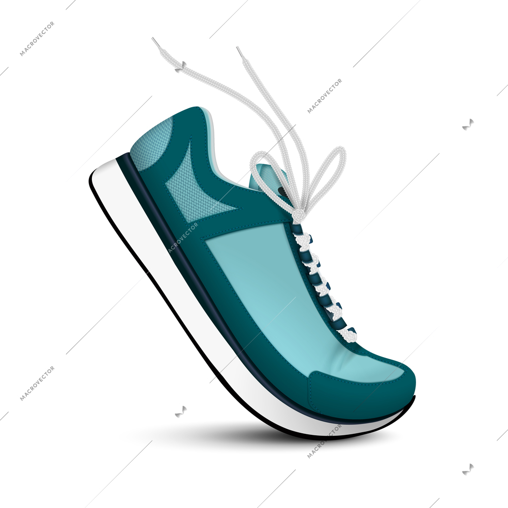 Modern sport sneakers of blue color with white shoelaces realistic single image on white background isolated vector illustration