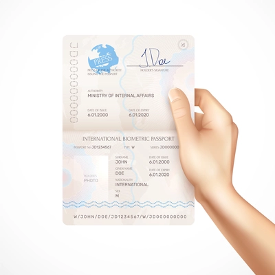Human hand holding mockup of international biometric passport with issue and expiry dates holders signature and name of authority issuing passport realistic vector illustration