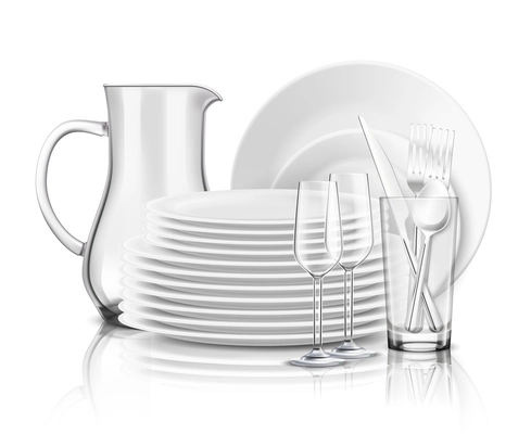 Clean tableware realistic design concept with stack of white plates glass jug and wine glasses vector illustration