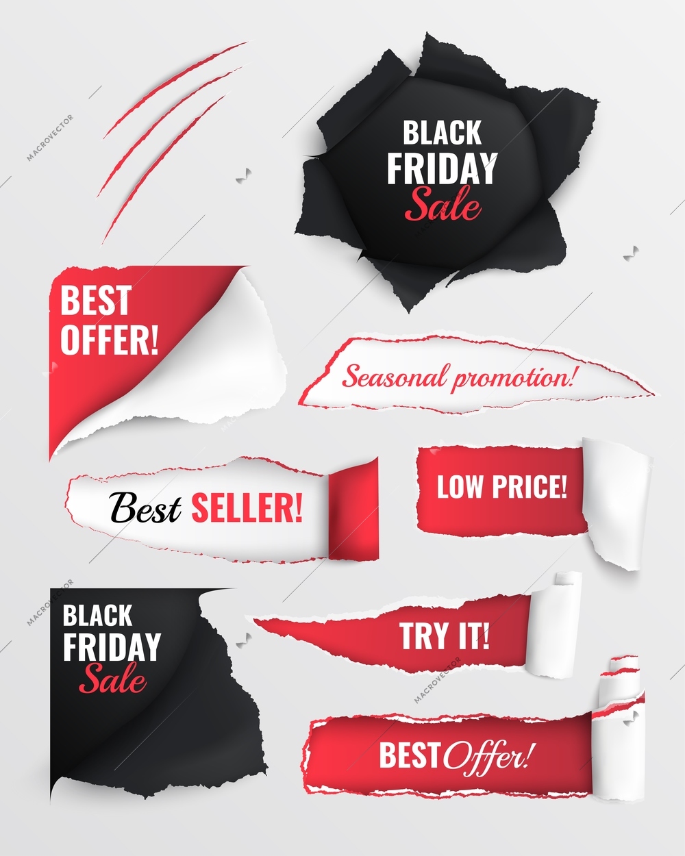 Set of holes in white paper with torn sides and space for text about sale low price and best offer realistic vector illustration