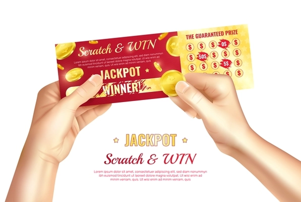 Jackpot advertising poster with scratch lottery card in human hands realistic vector illustration