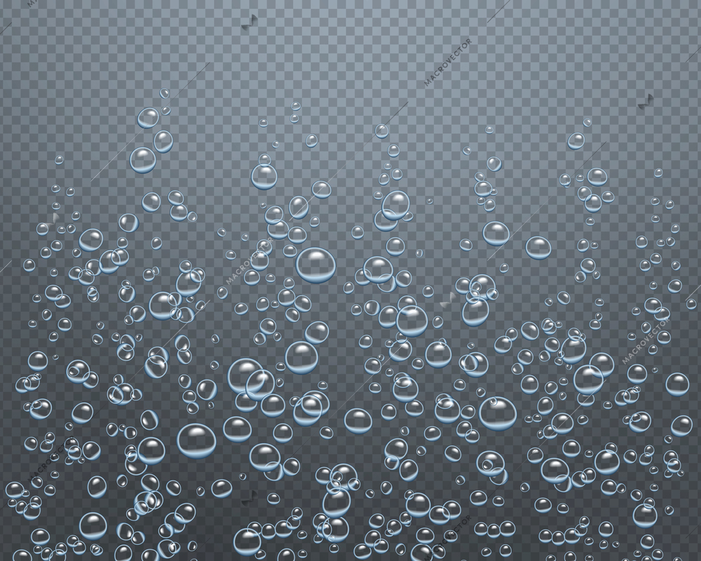 Underwater sparkling air bubbles rising up from sea bottom toward the surface transparent background realistic vector illustration