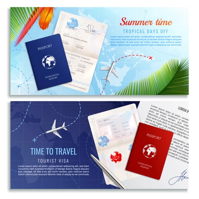 Time to travel realistic banners with mockups of biometric passport  and tourist visa application form realistic vector illustration