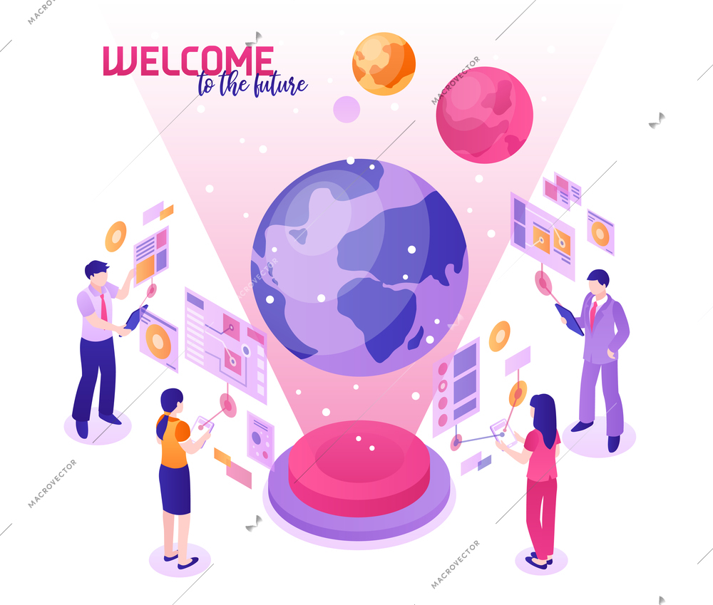 Isometric colorful concept with people using future high technologies 3d vector illustration