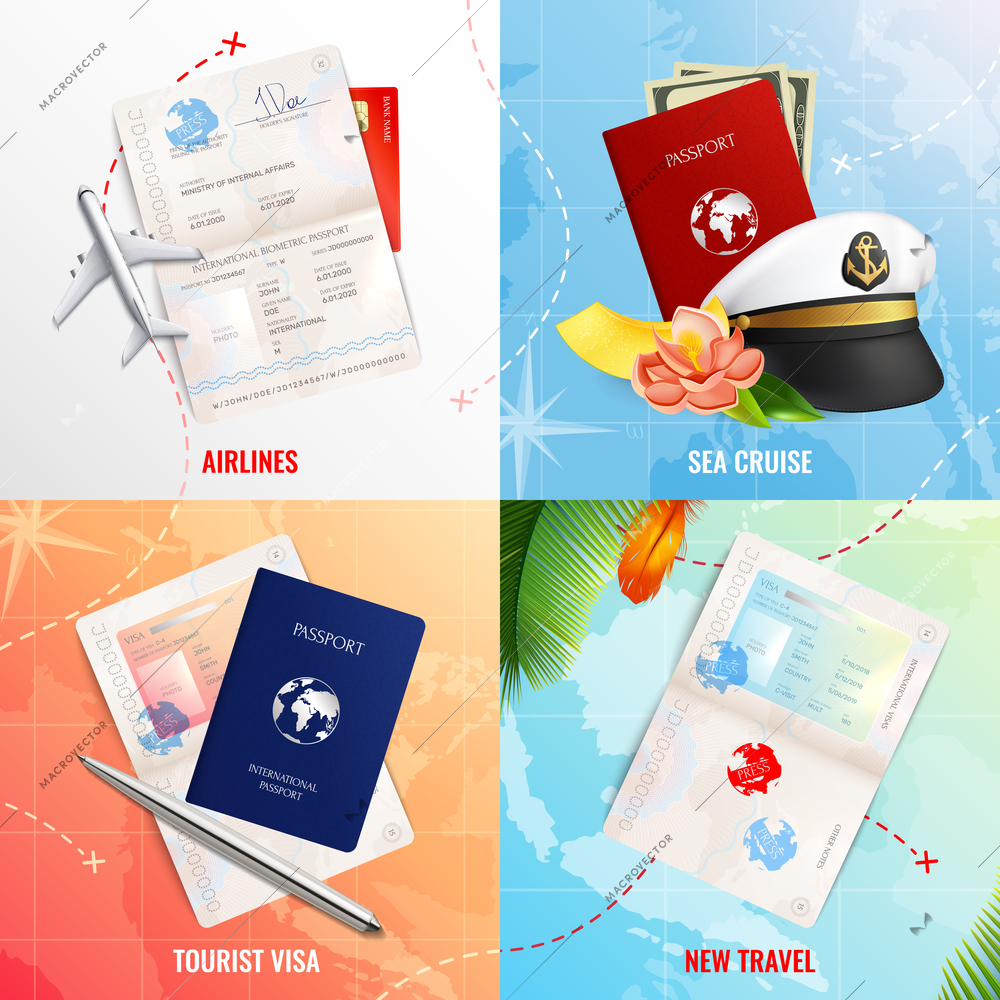 Travel by air and sea 2x2 advertising design concept with biometric passport mockups  and visa stamp realistic icons vector illustration