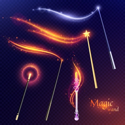 Tale set of flying magic wands with effect of  golden and silver glitters on transparent background vector illustration